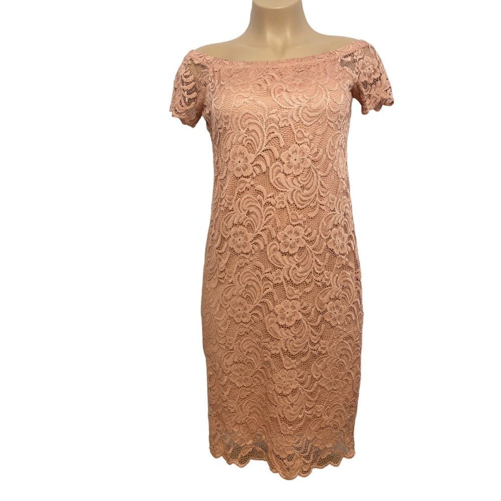 AMBIANCE Stretch Lace Body-Con Off Shoulder Sheath‎ Dress 1X Rose Above Knee EUC
